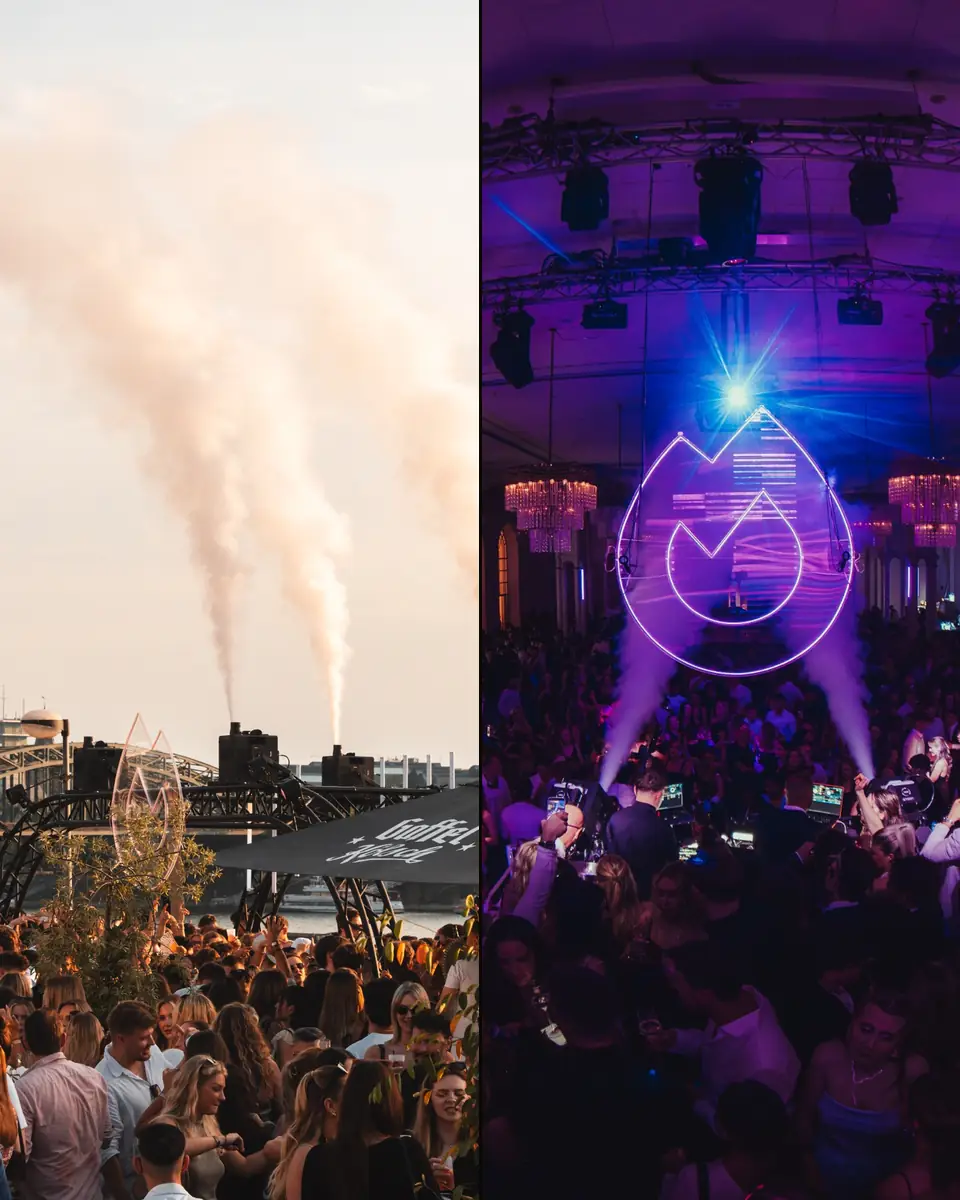 Links ein Open-Air am Rhein mit Nebelfontänen im Tageslicht, rechts ein Festsaal in violettem Clublicht