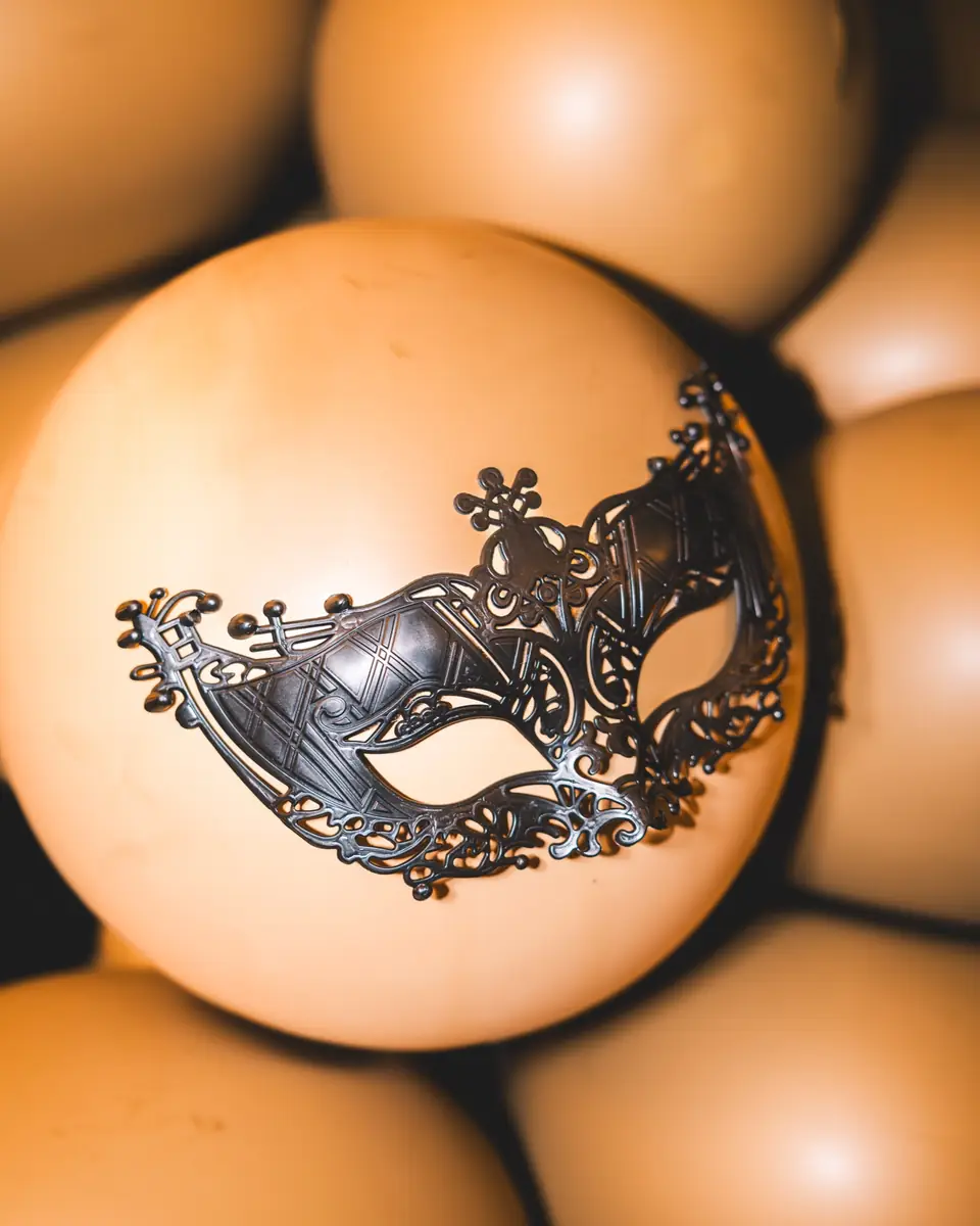 Filigrane schwarze Metallmaske auf einem goldenen Ballon, Dekoration beim Maskenball Golden Mask in Köln