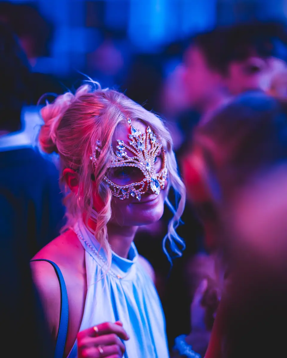 Frau mit lockerer Hochsteckfrisur, gelösten Strähnen und verzierter silberner Halbmaske im farbigen Licht beim Golden Mask in der Flora Köln