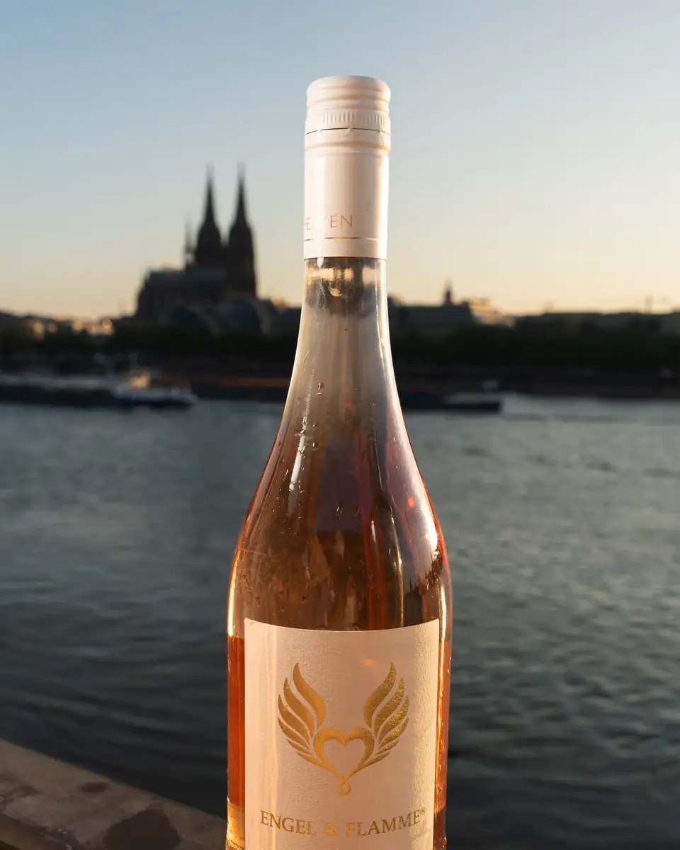 Eine Flasche Engel & Flamme Rosé auf dem Geländer am Rhein, dahinter der Kölner Dom im Sonnenuntergang